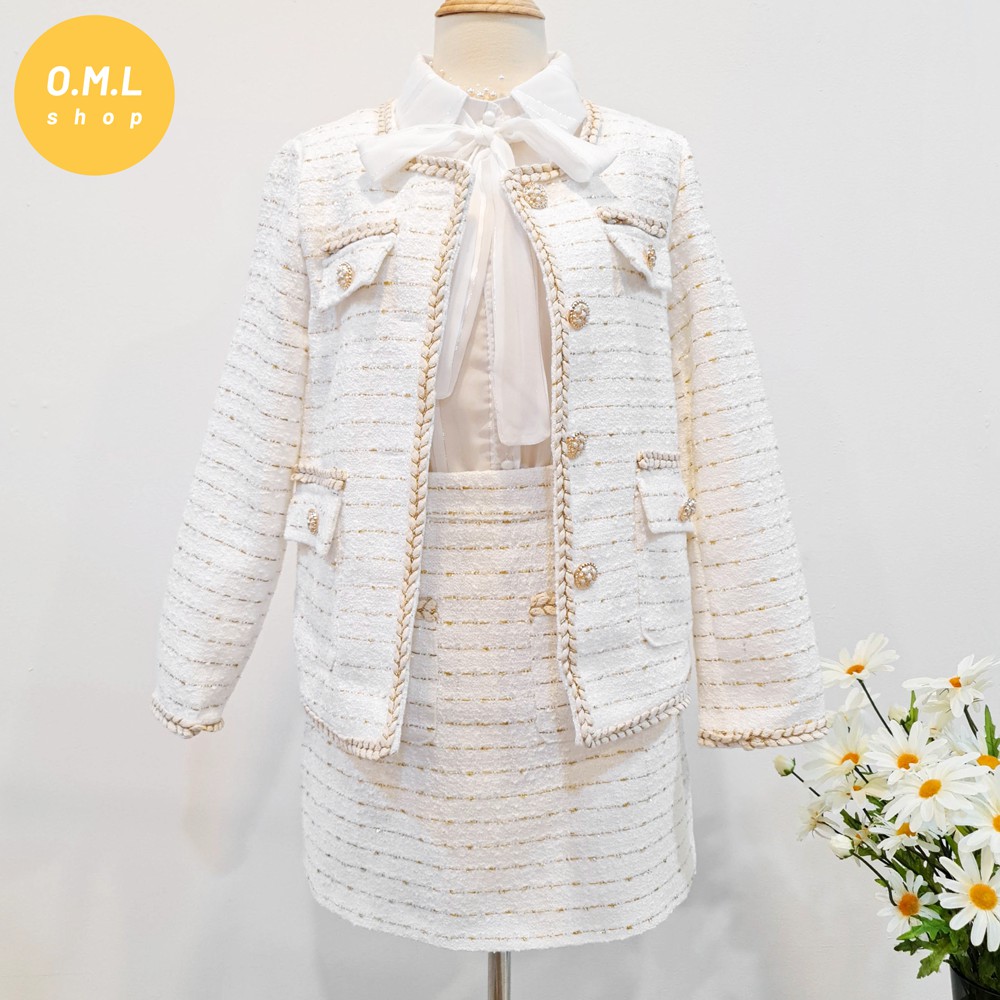 Set tweed 3 món siêu sang áo sơ mi trắng phối áo khoác và váy ngắn (có clip + hình thật) | BigBuy360 - bigbuy360.vn