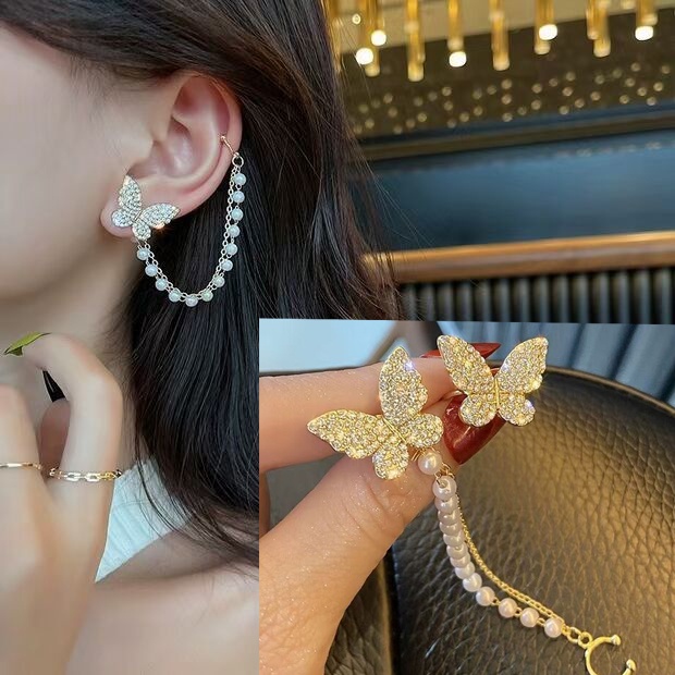 Bông Tai Hình Bướm Bằng Kim Loại Đính Đá Dễ Thương Thời Trang Hàn Quốc Cho Nữ