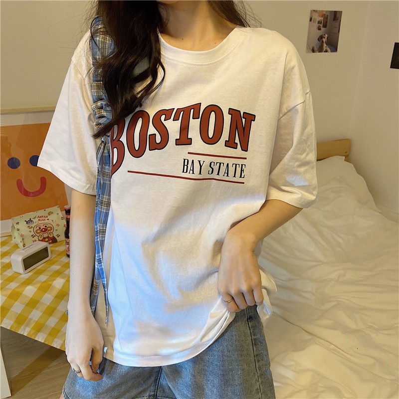 Áo thun nam nữ unisex tay lỡ phông form rộng teen cổ tròn oversize cotton giá rẻ basic đen trắng tee pull  BOSTON