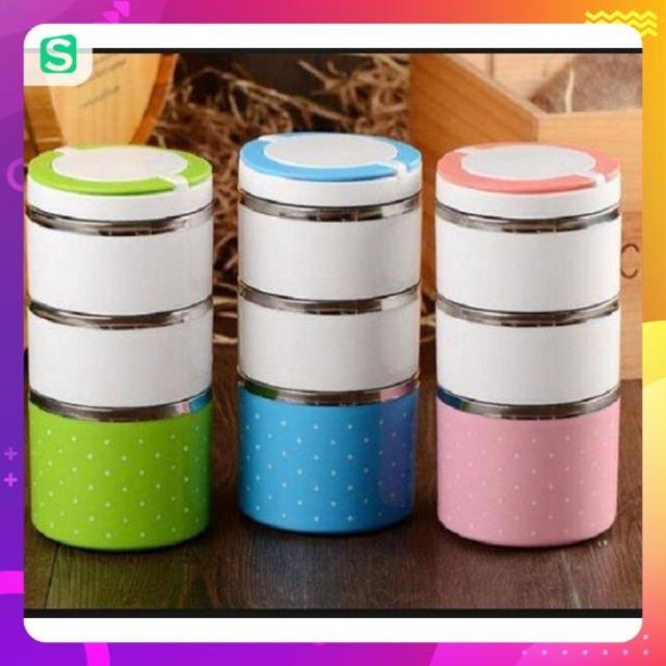 Hộp cơm giữ nhiệt 3 tầng CHẤM BI - Cặp lồng chấm bi - cà men cơm inox giữ nhiệt