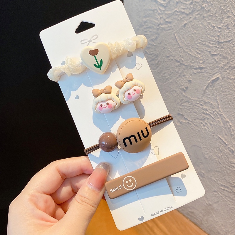 Dây Cột Tóc Màu Cà Phê Mặt Nhám Đính Hoa Và Gấu Dễ Thương Phong Cách Hàn Quốc