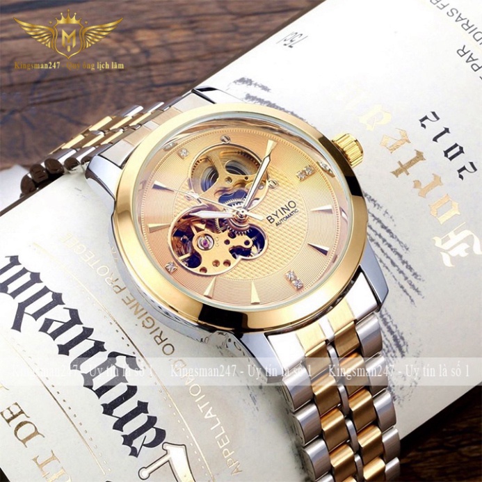 Đồng hồ cơ nam chính hãng Byino dây thép không gỉ đẹp cao cấp, cơ automatic lộ máy sang trọng
