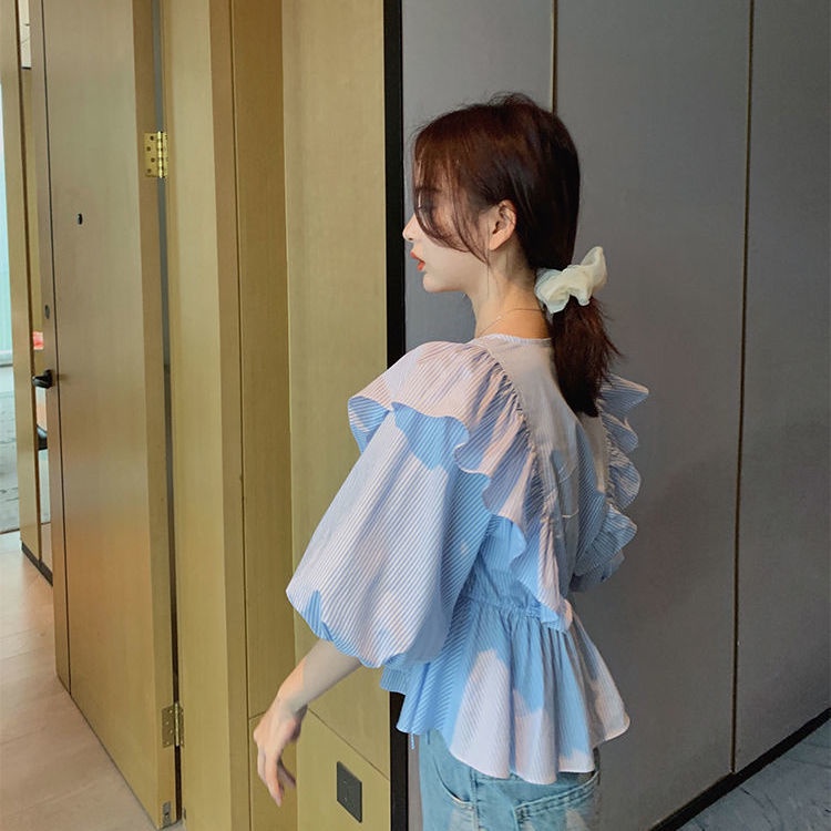 Áo Sơ Mi Tay Ngắn Cổ Chữ V Họa Tiết Kẻ Sọc Màu Xanh Dương Thời Trang Mùa Hè Hàn Quốc Mới 2021 Cho Nữ