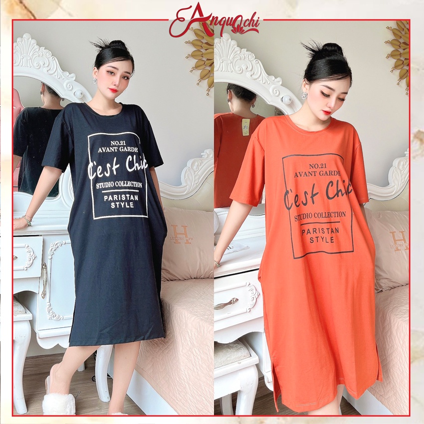 Đầm Suông Dáng Dài Nữ Anquachi Váy Thun Trung Niên Bầu Bì Rộng Rãi Tay Ngắn Xẻ Tà Mặc Nhà Thoải Mái A079