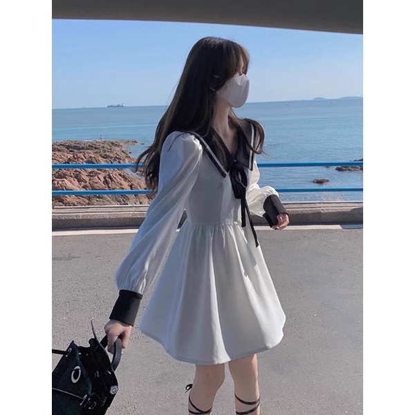 Váy nữ style thuỷ thủ ulzzang nơ dài tay đẹp, Đầm nữ dễ thương Hàn Quốc Maitrangshop92 –