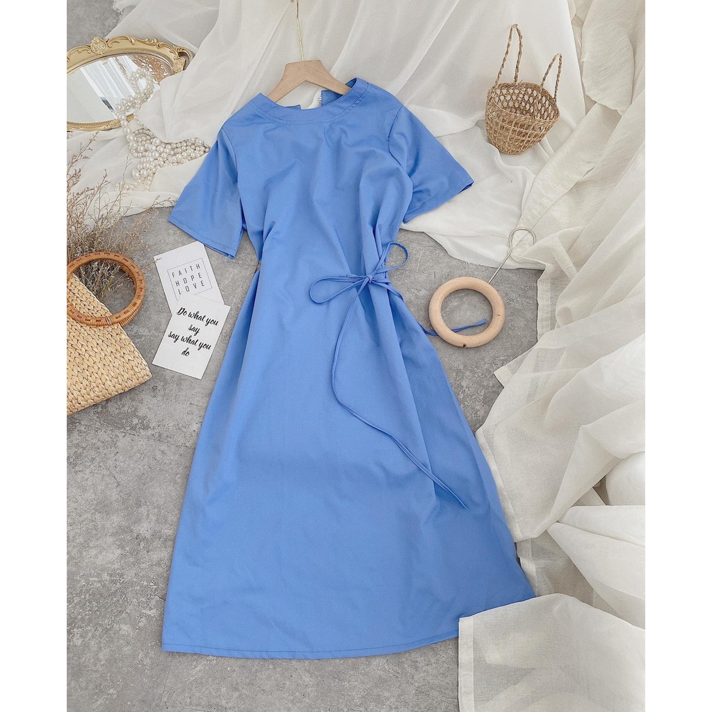ĐẦM MIDI XANH CỘT NƠ EO