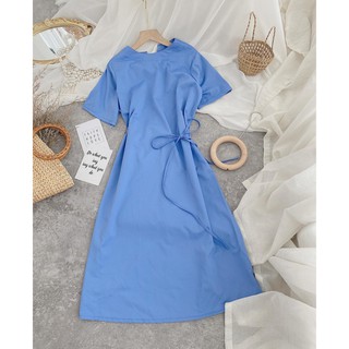Đầm midi xanh cột nơ eo
