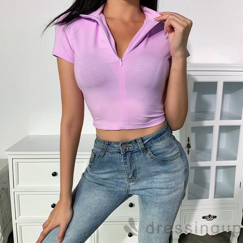 Áo Croptop Tay Ngắn Cổ Chữ V Phối Khóa Kéo Phong Cách Quyến Rũ