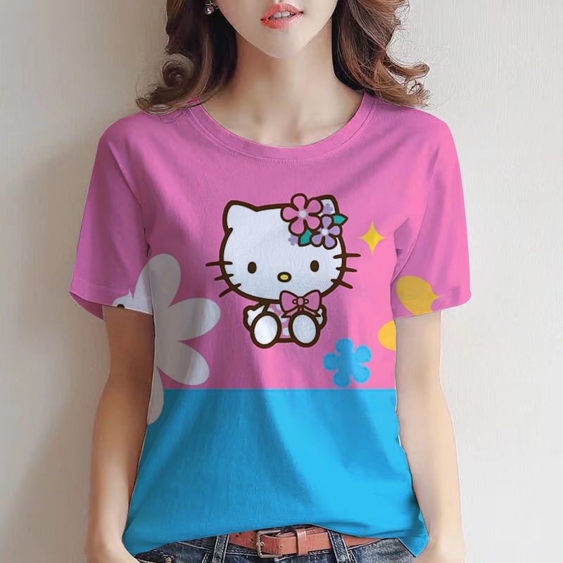 Áo Thun Nữ Ngắn Tay Cổ Tròn In Hình Hello Kitty
