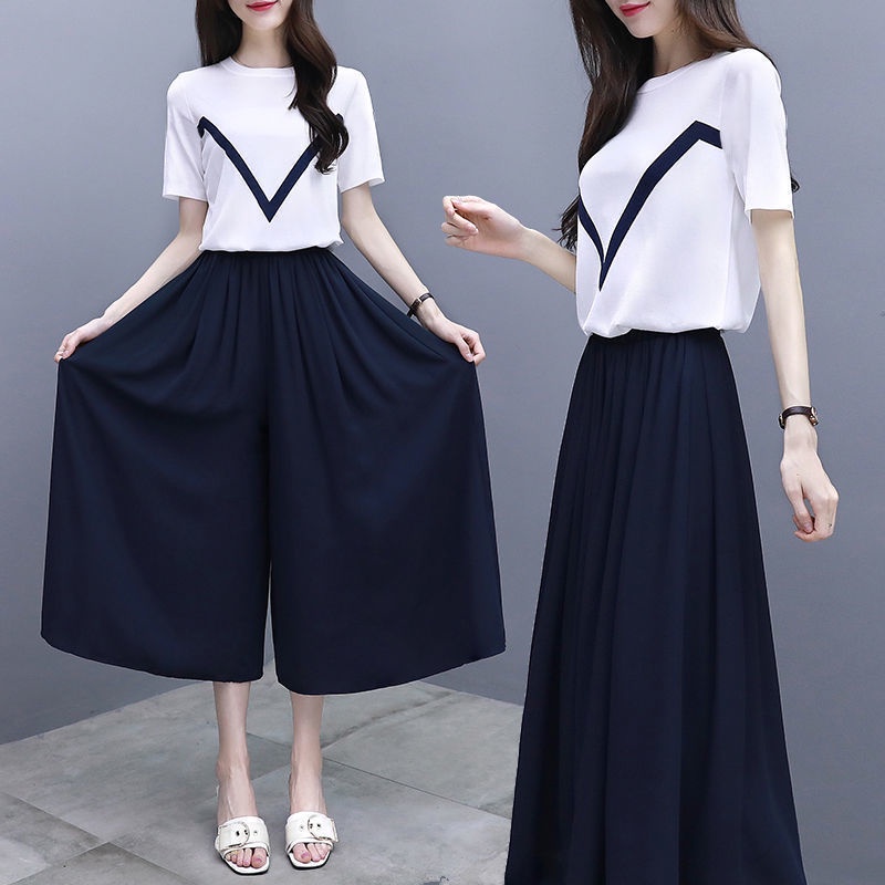 Set Áo Thun Ngắn Tay In Họa Tiết + Quần Voan Ống Rộng Thời Trang Dành Cho Nữ