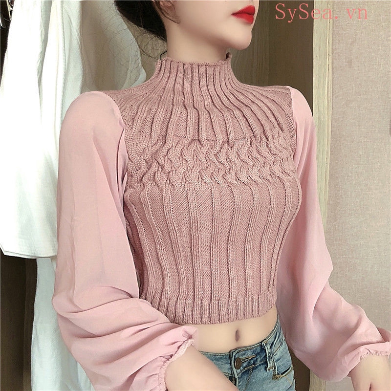 Women's White long Sleeve Croptop Sexy Knit Shirt