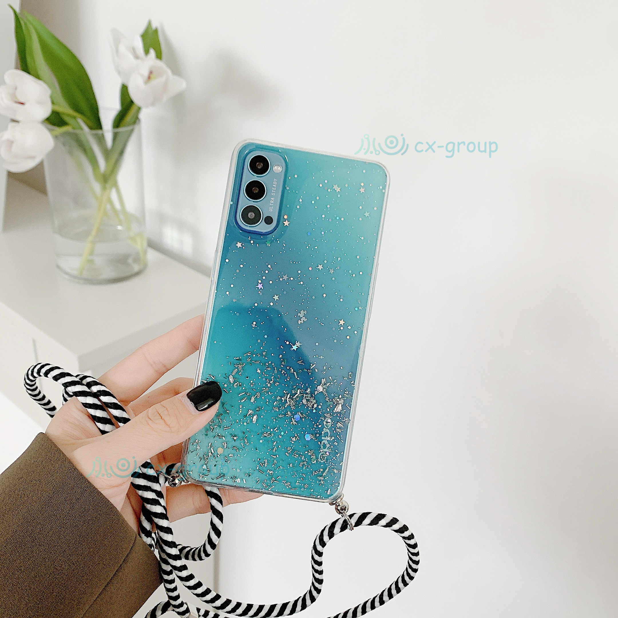 Ang Glitter Dây đeo Dây xích Vỏ dây buộc OPPO RENO4F A15 A53 A3S A5S A7 A12 A12E A5 / A9 2020 A92 A52 F9 F11 F7 F1S Dây buộc Vỏ điện thoại OPPO