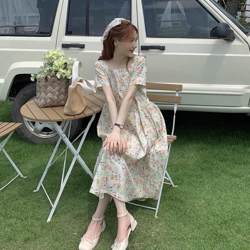 Đầm váy babydoll ulzzang hoa nhí xếp ly ngực ( màu hoa be một màu)
