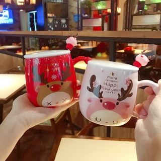 Cốc Uống Nước Bằng Sứ Họa Tiết Tuần Lộc Màu Hồng Có Nắp Đậy Và Muỗng Xinh Xắn Làm Quà Tặng Năm Mới