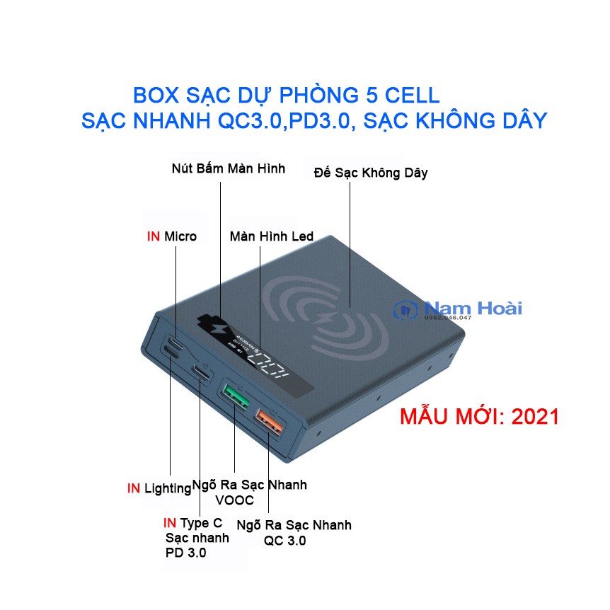 Box sạc dự phòng 5 cell sạc nhanh QC 3.0, PD 3.0, Không dây 15W