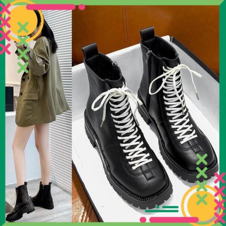 BỐT DA NỮ- Giày boost nữ phong cách cá tính, boots buộc dây nữ đẹp,giày cổ trung đế bằng hot2021 .