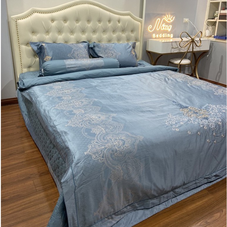 Bộ chăn ga gối cotton lụa trần bông Nhập Khẩu NẮNG BEDDING  lụa tơ cao cấp mát lạnh mềm - mịn - xanh đậm