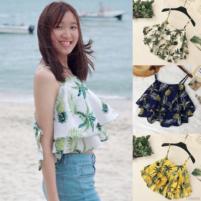 Áo chiffon nữ hai dây cổ chữ V in hình quả dứa