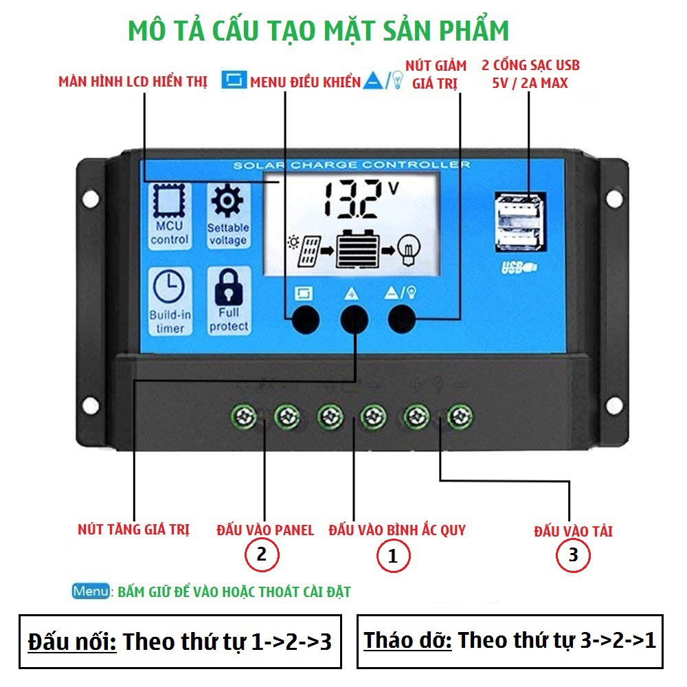 Bộ sạc pin năng lượng mặt trời 12v/24V công suất 30A tự nhận bình-điều khiển sạc năng lượng mặt trời