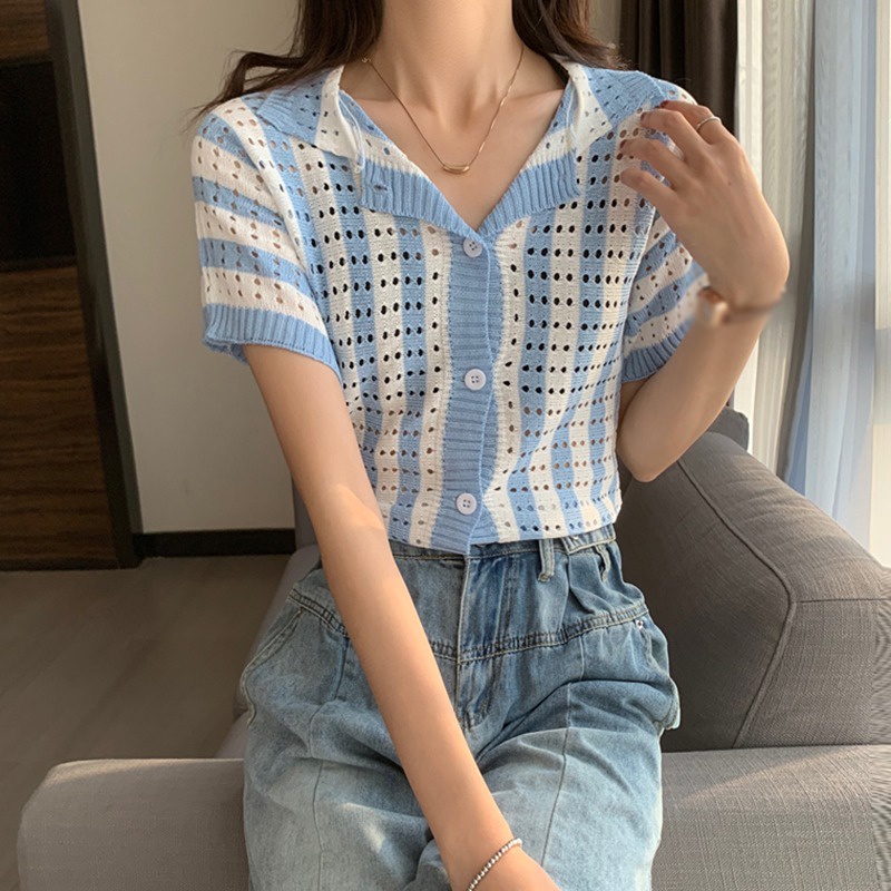 Áo nữ dệt kim tay ngắn họa tiết kẻ sọc thời trang mùa hè
