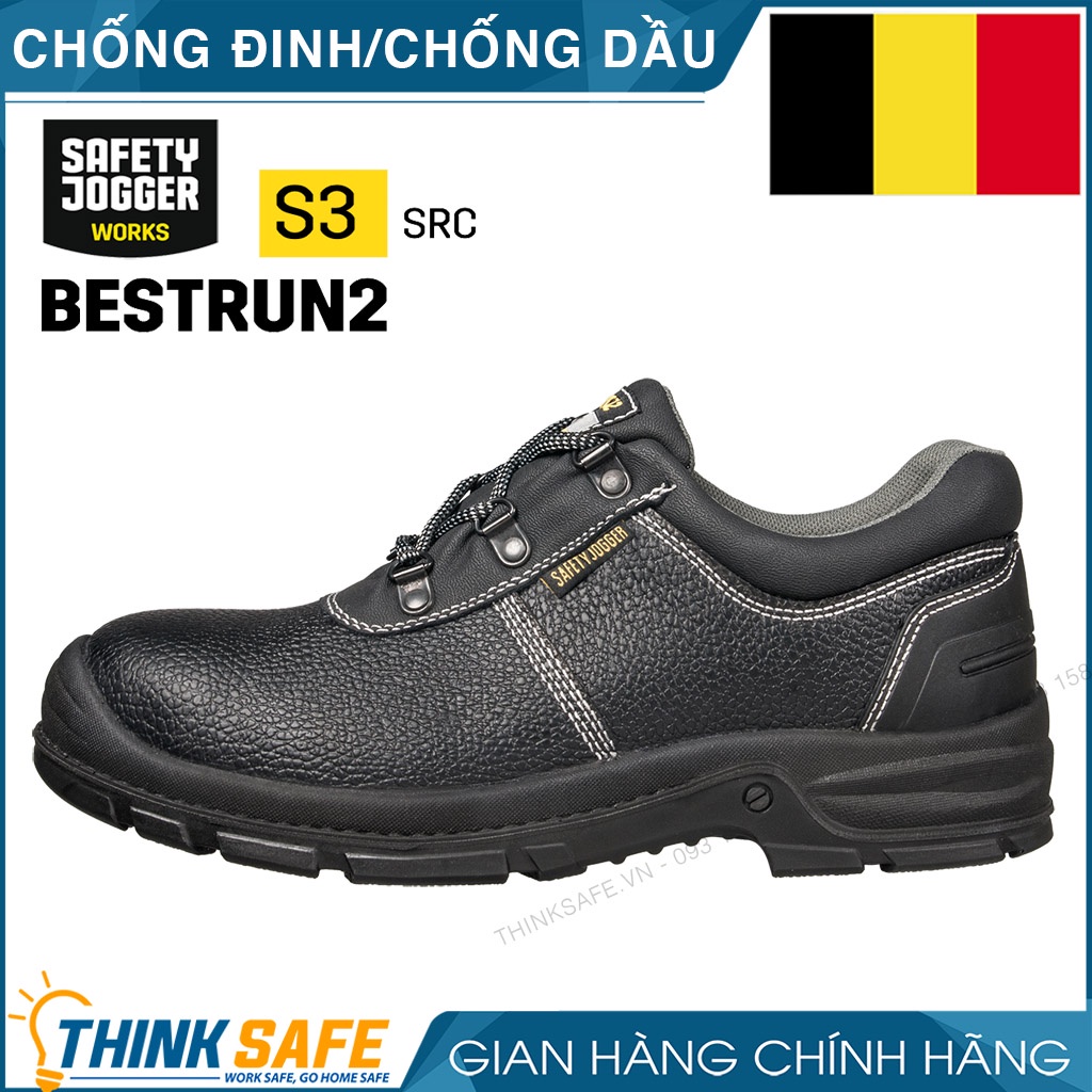 Giày bảo hộ Jogger Bestrun 2 S3-SRC da bò thật, chống dầu, chống đâm xuyên (đen) - Thinksafe