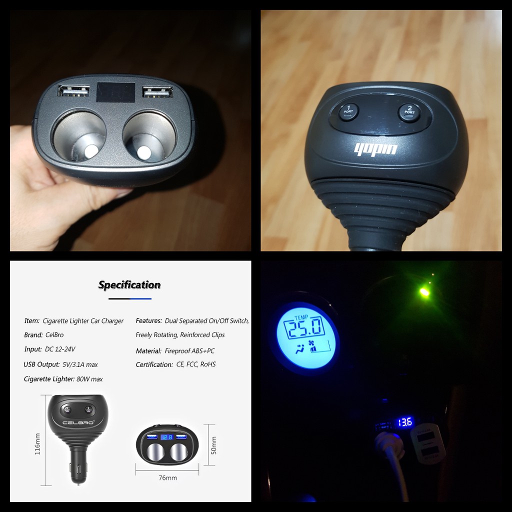 Tẩu xạc xe Ôtô 80W dải rộng 12-24V có 2 cắm Tẩu + 2 cắm USB có đèn báo Vôn