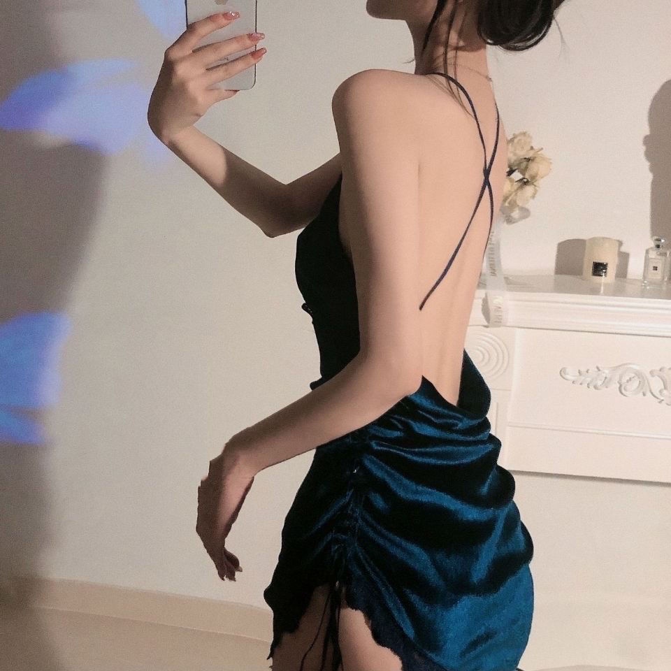 Đầm Ngủ Nhung Cổ Chữ v Lưng Trần Gợi Cảm Cho Nữ