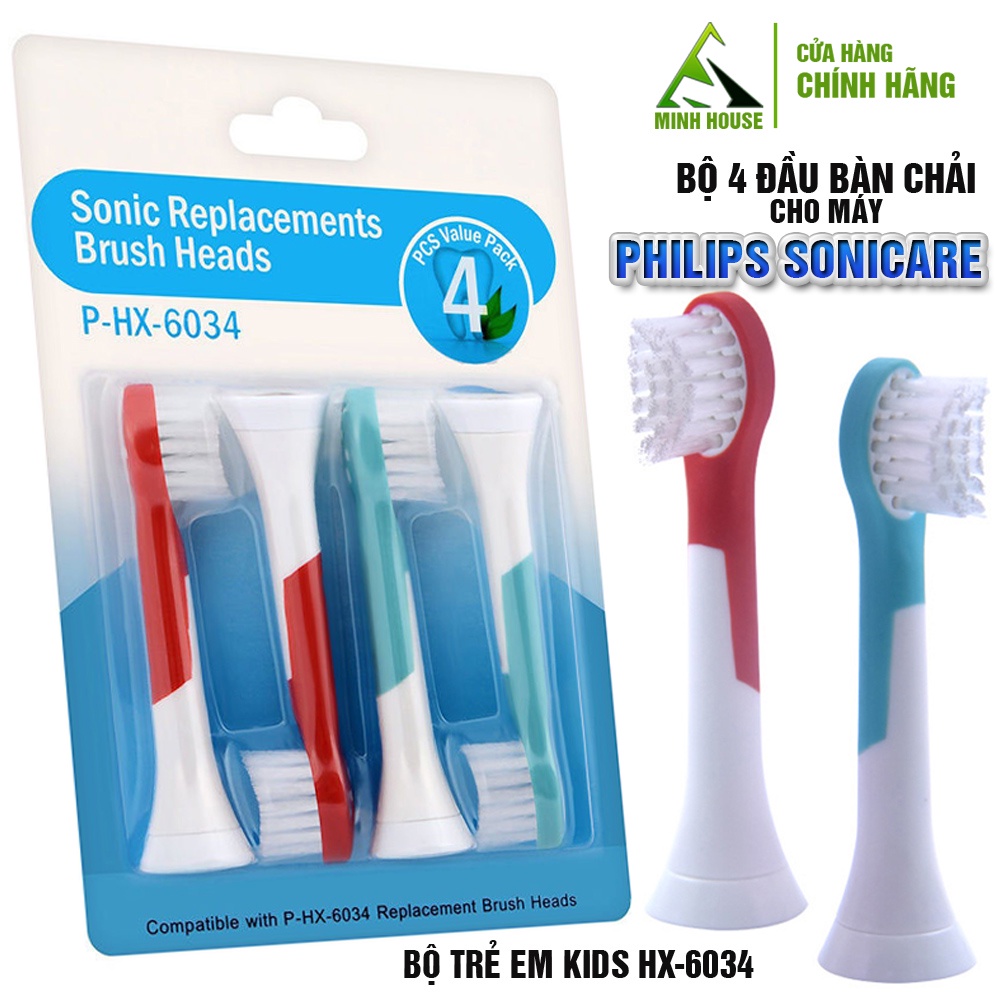 Cho máy Philips set bộ 4 đầu bàn chải đánh răng điện Philip, Sonicare, lông mềm Minh House