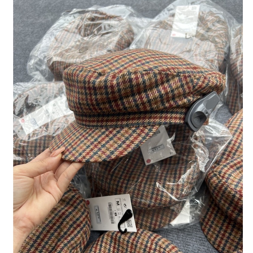 Mũ Beret Za. ra kẻ nâu (mũ người lớn)
