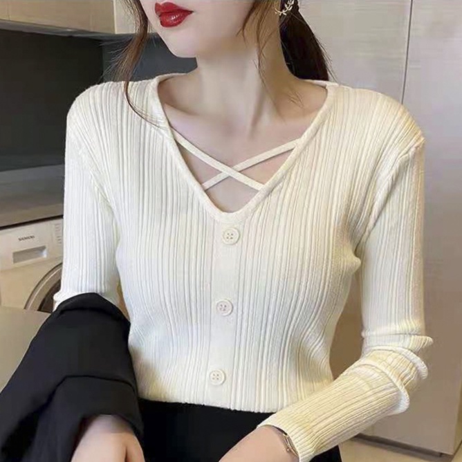 Áo len nữ dài tay 2 màu Be Trắng cổ V phong cách Hàn Quốc CW 364 (Ảnh cận chất)