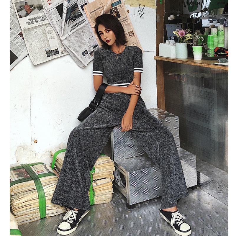 Set áo croptop tay ngắn và quần ống rộng kim sa màu đen &amp; xám H67 Hỉn Hỉn Store