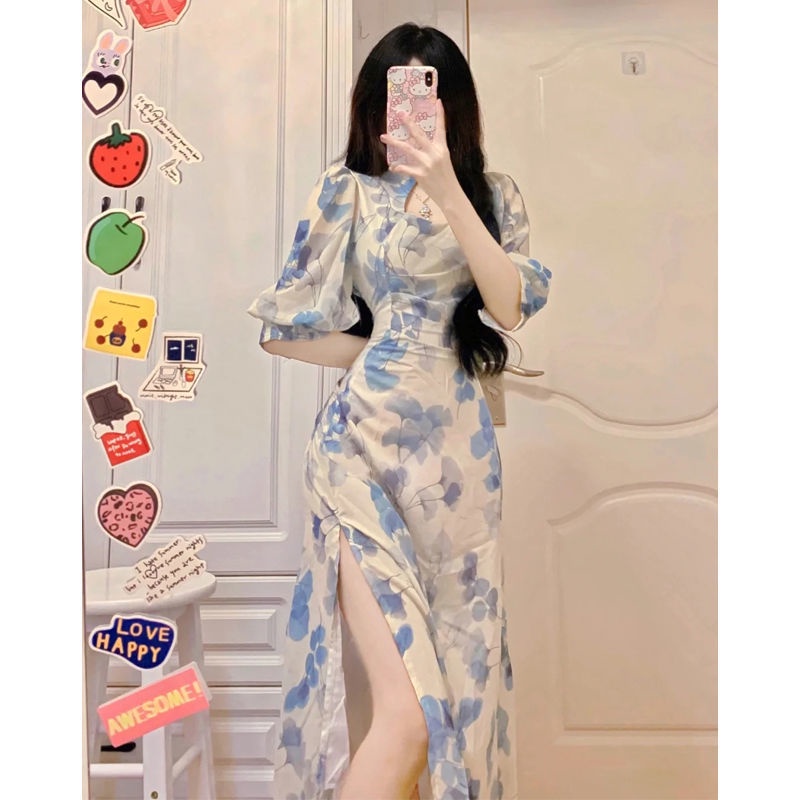 Đầm midi sườn xám vải voan tay ngắn in hoa nhẹ nhàng quyến rũ thời trang mùa hè cho nữ