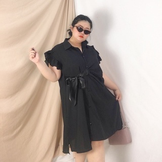 Đầm sơ mi tay bèo xẻ tà bigsize dáng dài midi sang chảnh 2 màu đen nâu Meomapclothes
