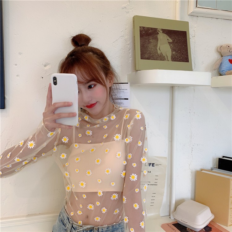 Áo voan hoa cúc dài tay đen trắng freesize sexy cá tính cheapy A0078