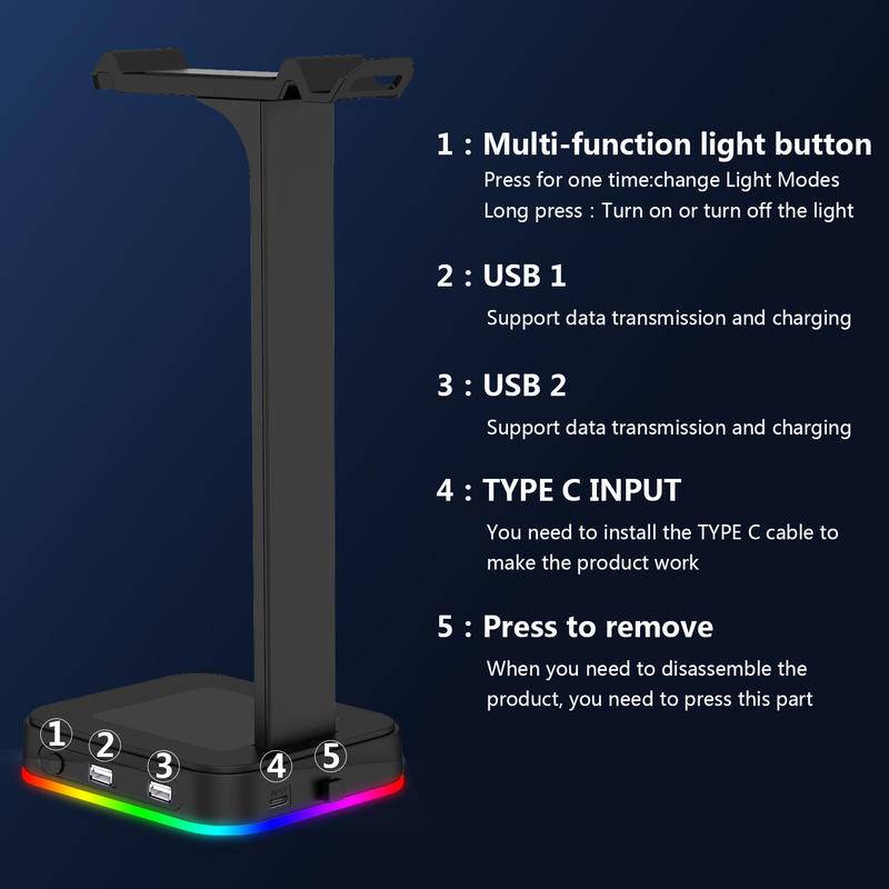 Giá đỡ tai nghe USB kép RGB, phần mở rộng USB tại nhà