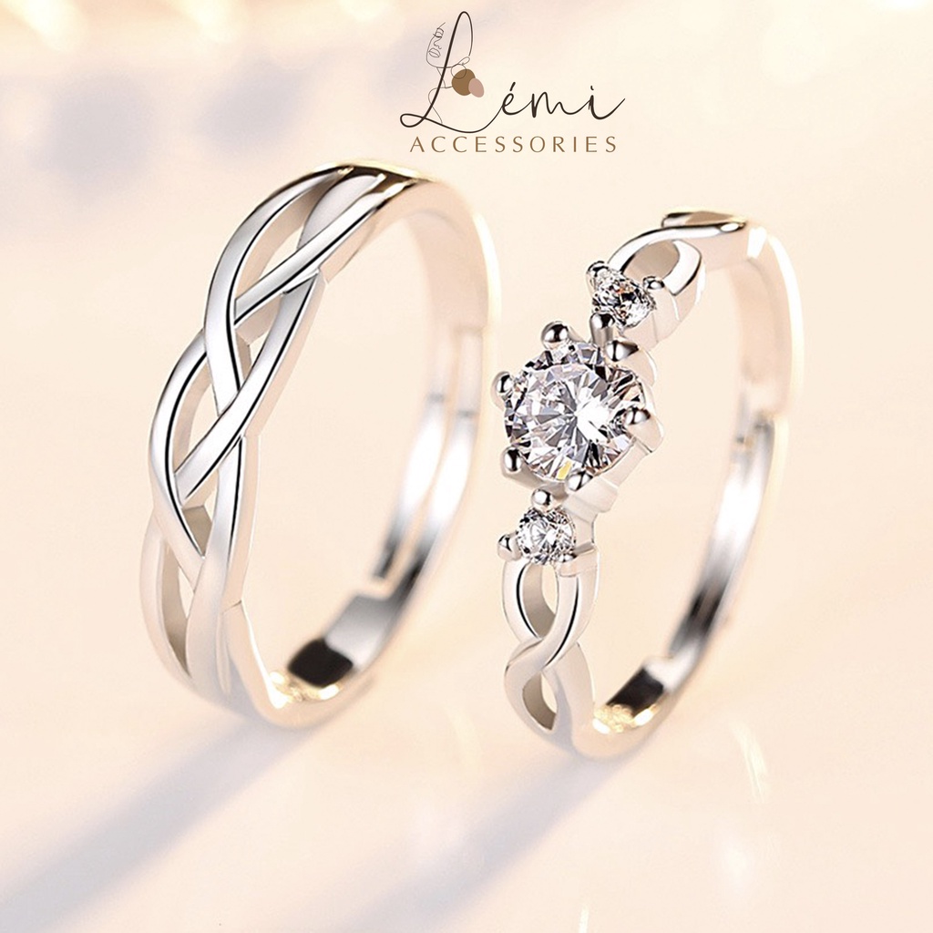 Nhẫn đôi hoạ tiết lượn sóng đính đá mạ bạc s925 có chốt tự điều chỉnh kích thước với ngón tay Lém iaccessories