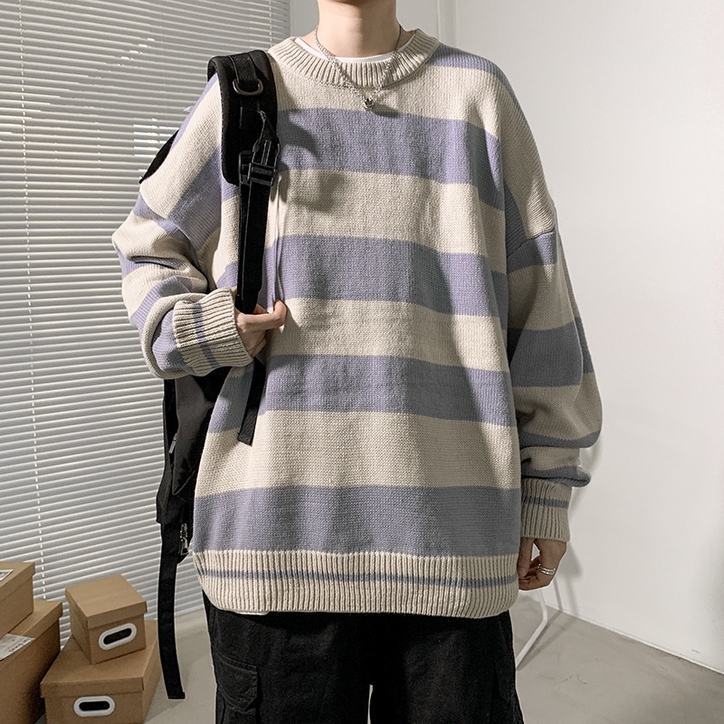 Áo sweater dệt kim dáng rộng kẻ sọc phong cách Hồng Kông thời trang thu đông cho cặp đôi