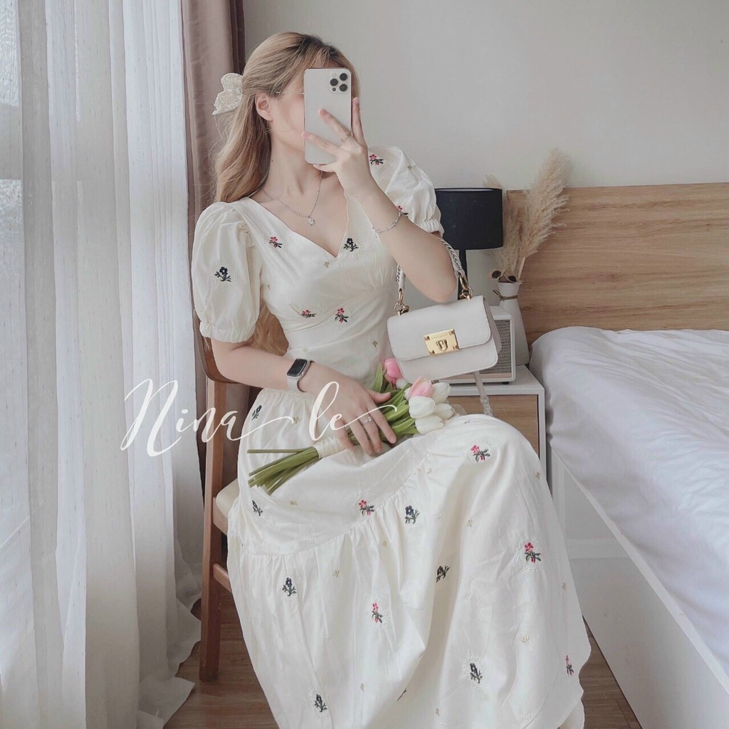 [9.9 Sales Freeship] Đầm maxi nữ ôm eo dáng dài, đầm trắng tiểu thư in hoa cổ v tay phồng cột dây sau lưng xinh xắn