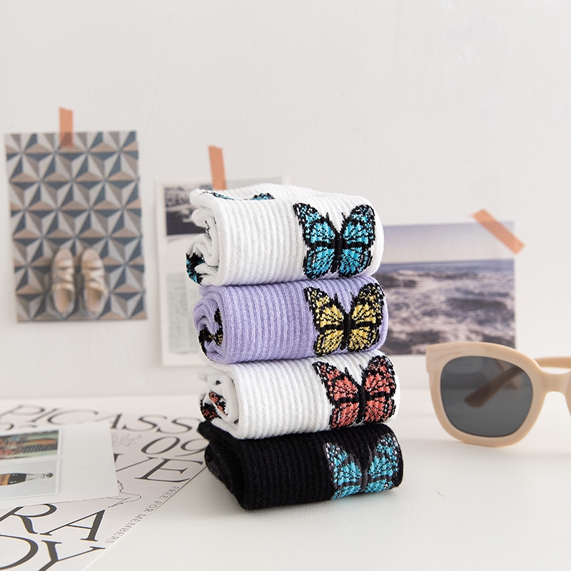 Elastic Butterfly Women Crew Socks High Quality New Trend Cotton Female Black Long Socks Girls Fashion Athletic Skateboard Socks