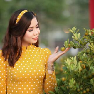 Áo dài chấm bi vàng