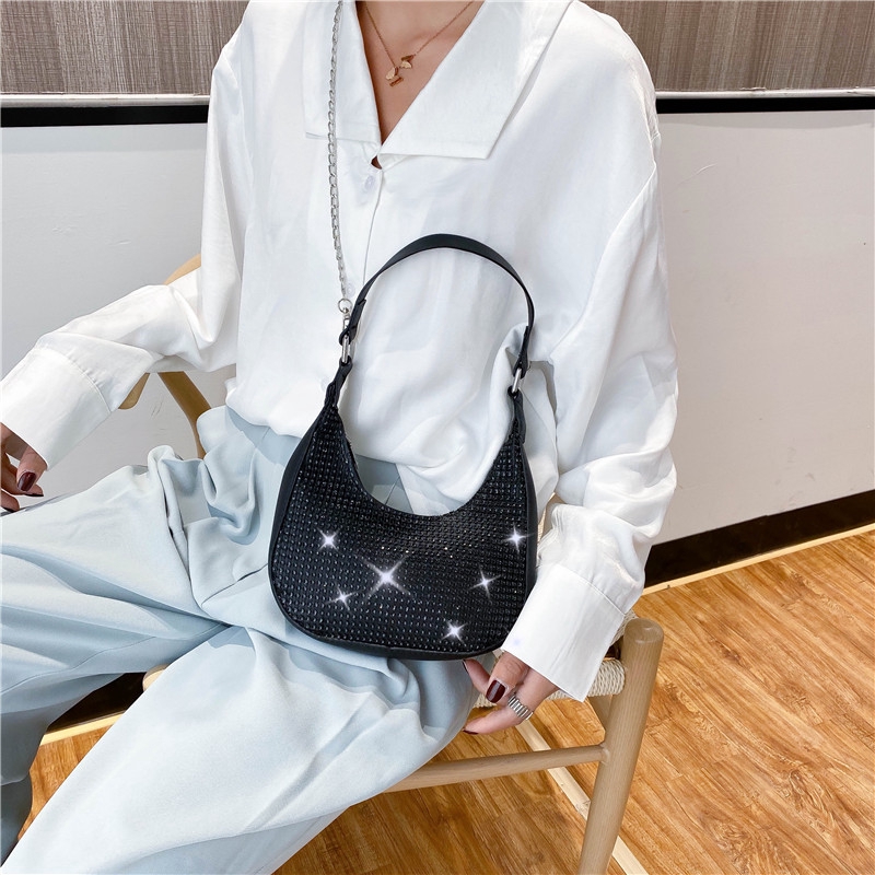 Túi đeo vai đính đá lấp lánh phối dây chuỗi xích thời trang dành cho nữ IELGY