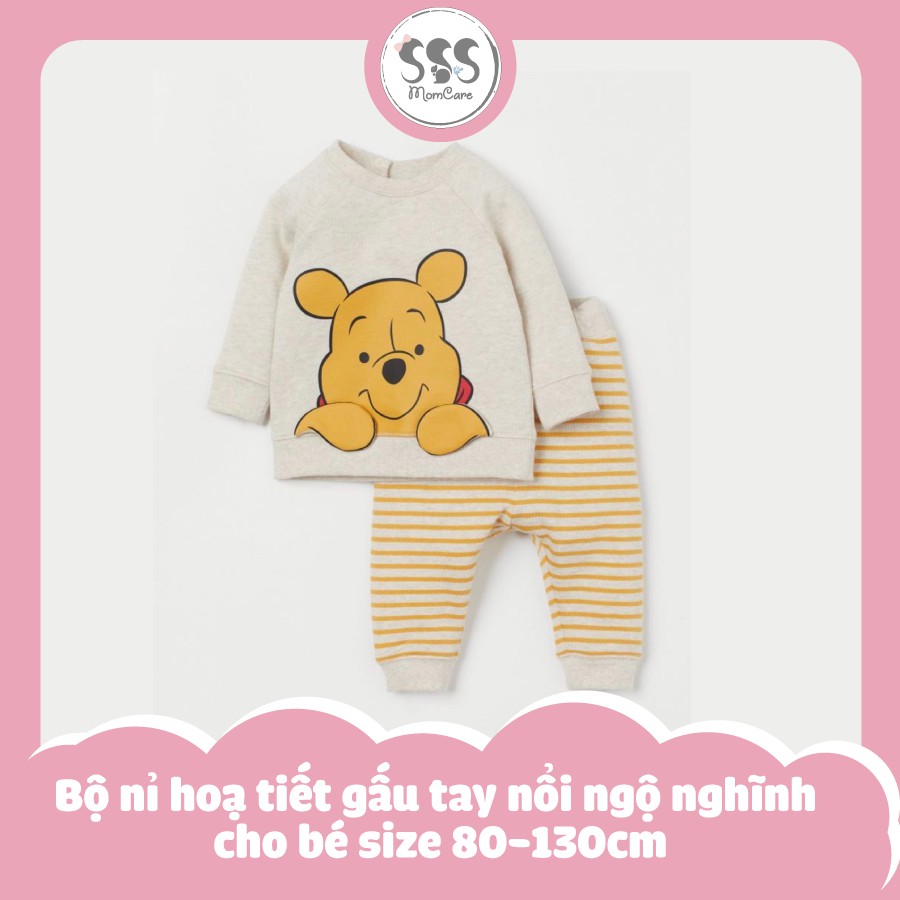 Bộ nỉ hoạ tiết gấu tay nổi ngộ nghĩnh cho bé size 80-130cm
