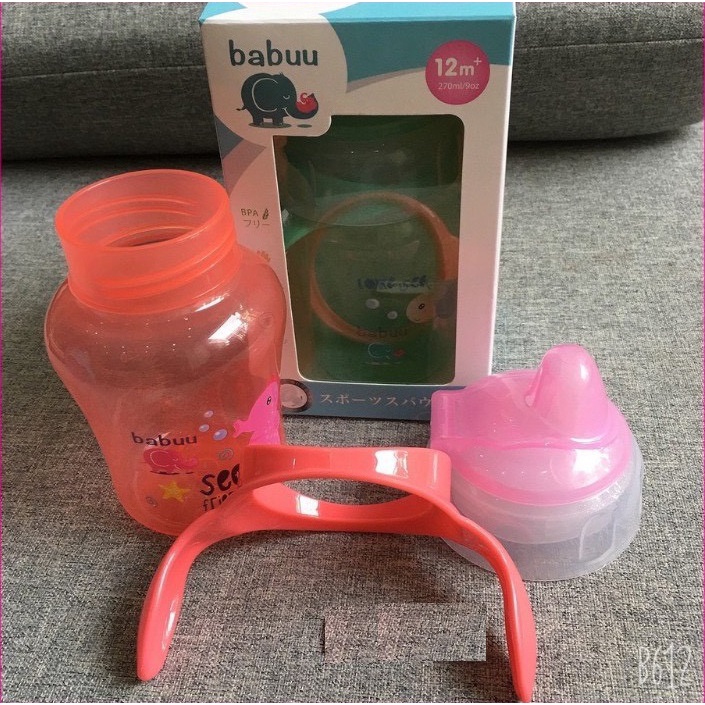 Bình tập uống nước đầu hút silicon mỏ vịt có tay cầm Babuu Nhật Bản 240ml bình nước cho bé đi học Homedy Kids BN09