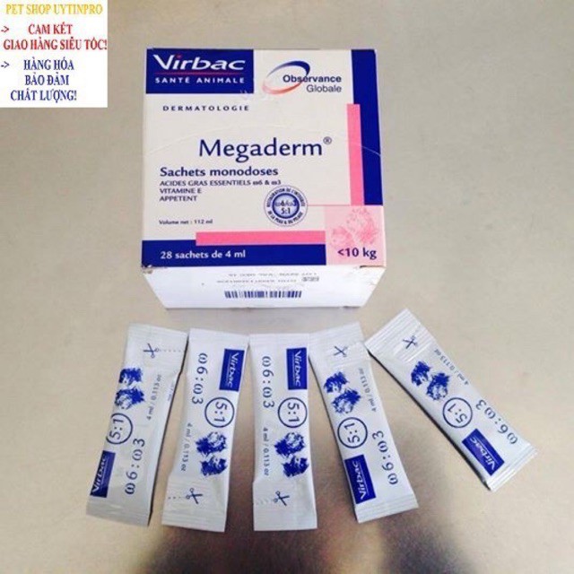 ☘ GEL DINH DƯỠNG VIRBAC MEGADERM GIÚP MƯỢT LÔNG, DA, GIẢM NGỨA CHO PET THÚ CƯNG CHÓ MÈO, Gói 4ml ☘