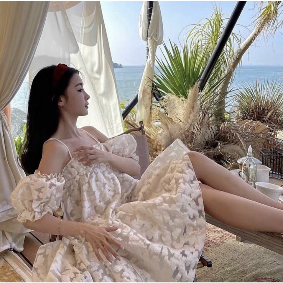 Đầm babydoll 2 dây rớt vai hoa nổi tay bồng Cao Cấp hàng loại 1, màu trắng Ulzzang ren mây dáng xòe, cute dễ thương