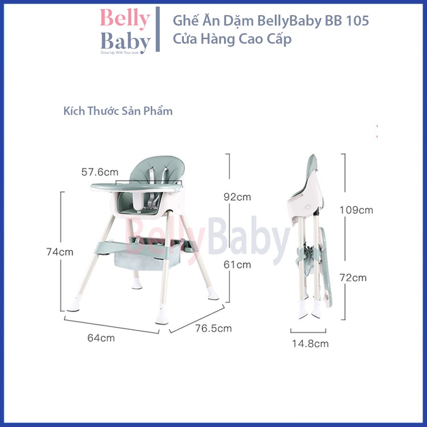 Ghế Ăn Dặm Có Bánh xe BellyBaby BB105 , Gấp Gọn Tiện Dụng, Phiên Bản 2021 FULL Phụ Kiện - BellyBaby