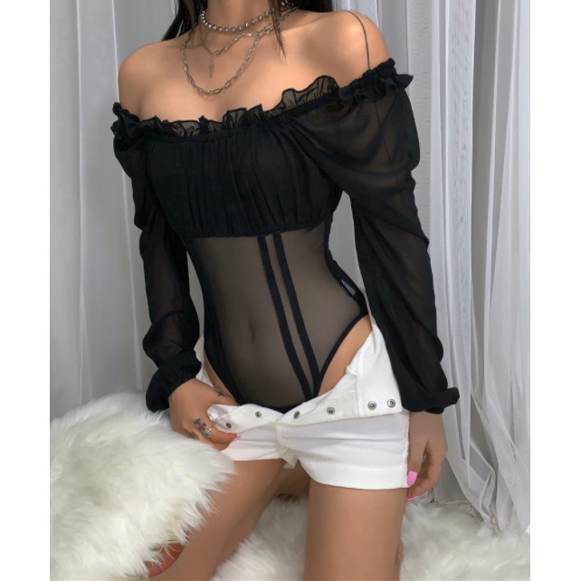 Những kiểu đồ lót siêu sexy - Bodysuit - Bộ đồ lót áo liền quần hot ôm body màu đỏ tay dài ren lưới hở lưng | BigBuy360 - bigbuy360.vn