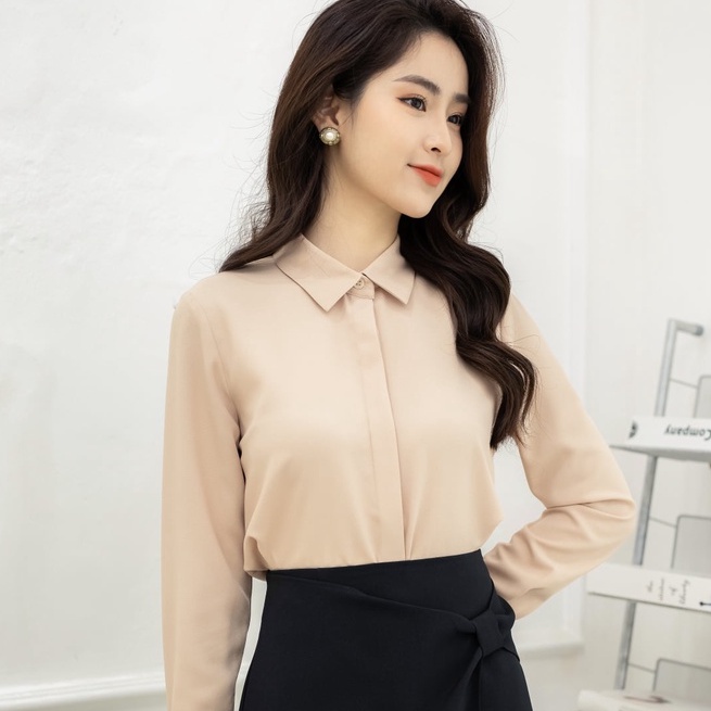 Áo sơ mi nữ cổ đức dài tay công sở Tiinstore giấu khuy áo chất cát hàn chống nhăn phong cách Hàn Quốc AHD241