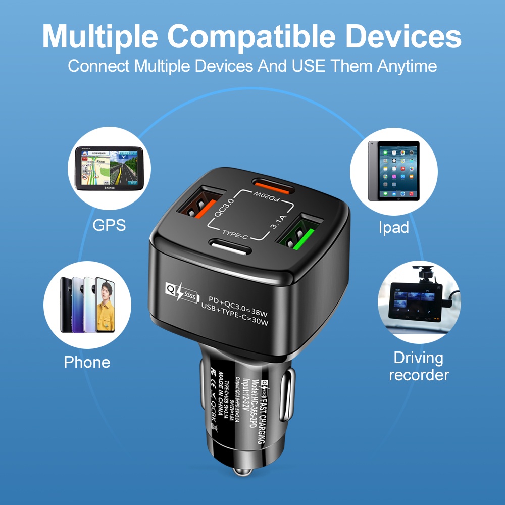 Tẩu Sạc 4 Cổng USB PD Type-C 38W QC 3.0 USB C Cho Ô Tô