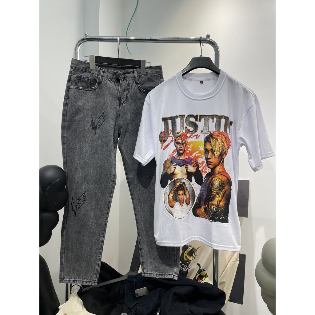 Áo thun tay lỡ justin bieber logo nam nữ áo thun unisex cotton cao cấp Kun Shop